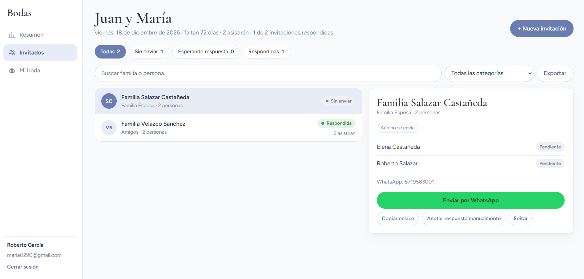 Lista de invitaciones por familia con su estado y el detalle de cada una