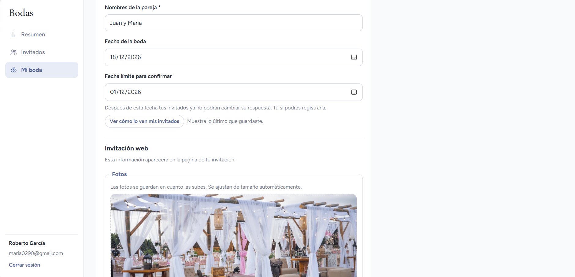 Datos de la boda e invitación web con foto de portada